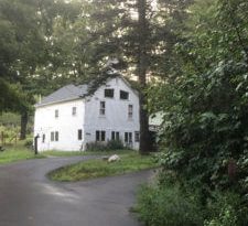 A white building is sitting amongst many trees, and a black path leads up to the building.