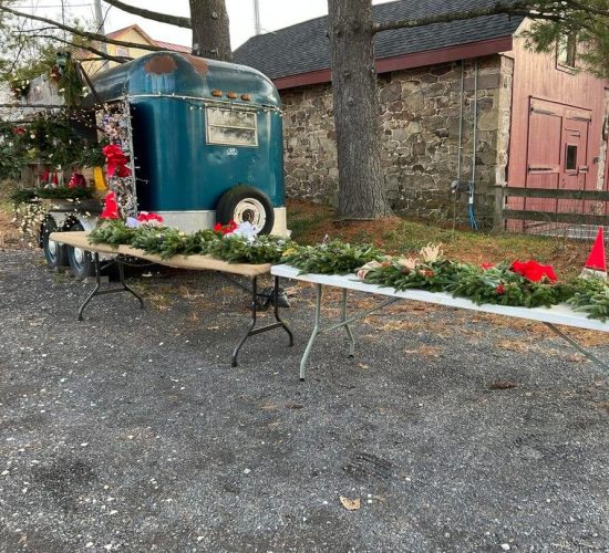 Foxfield Flowers' trailer and table are set up to sell wreaths and gnomes to members of the local community as part of holiday celebrations. The foreground shows two tables covered in wreaths and gnomes, sitting on top of gravel. In the back left is the blue trailer with more wreaths and gnomes displayed. The trailer is wrapped in yellow twinkly lights. Behind the setup is a patch of grass, trees, and a building made of stone and wood painted red. One car is parked in the back right.